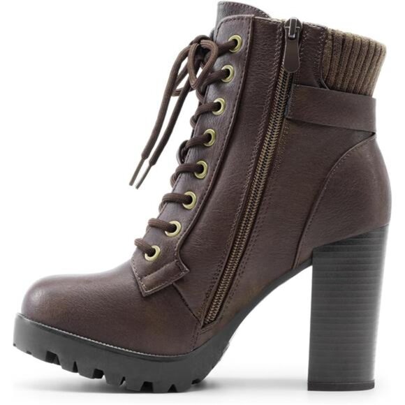 Womens Lace Up Ankle Boots High Chunky Heel Heeled Booties Fashion Vegan Shoes - Picture 6 of 7